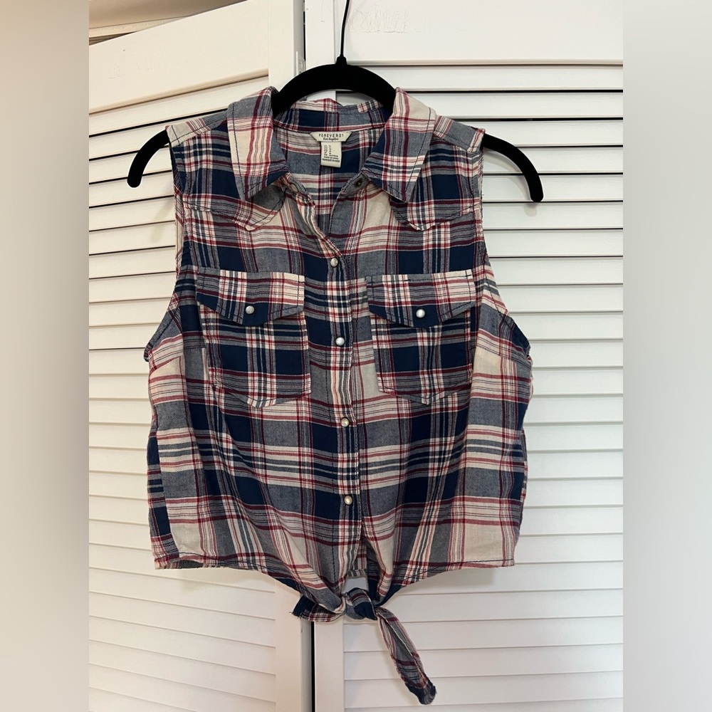Sleeveless Plaid Flannel Button Down